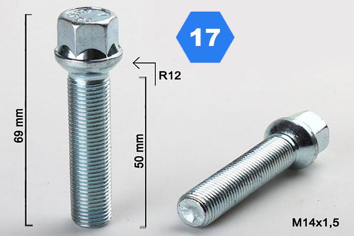M14x1,5, Radius 12, Wielbout radius, Draadlengte 50mm, SW 17, o.a. Mercedes